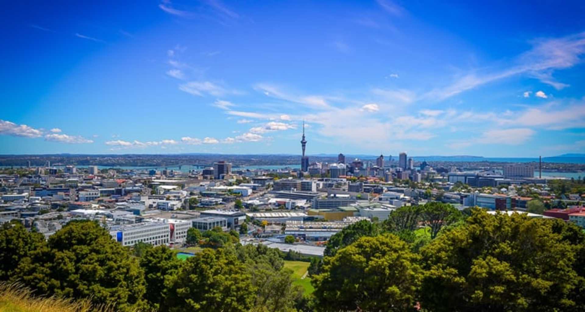 A panoramic view of a bustling city skyline, with towering skyscrapers and a lush, verdant foreground of trees and greenery.