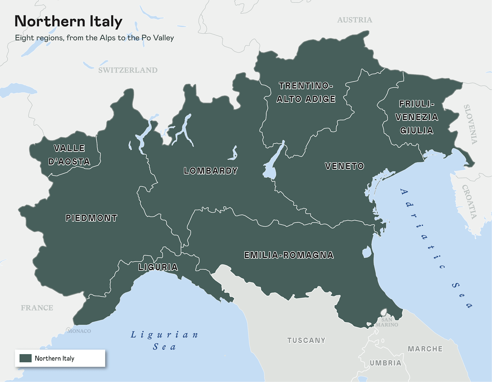 A dark green map of Northern Italy's eight regions is centered against a light gray background featuring surrounding countries and seas.