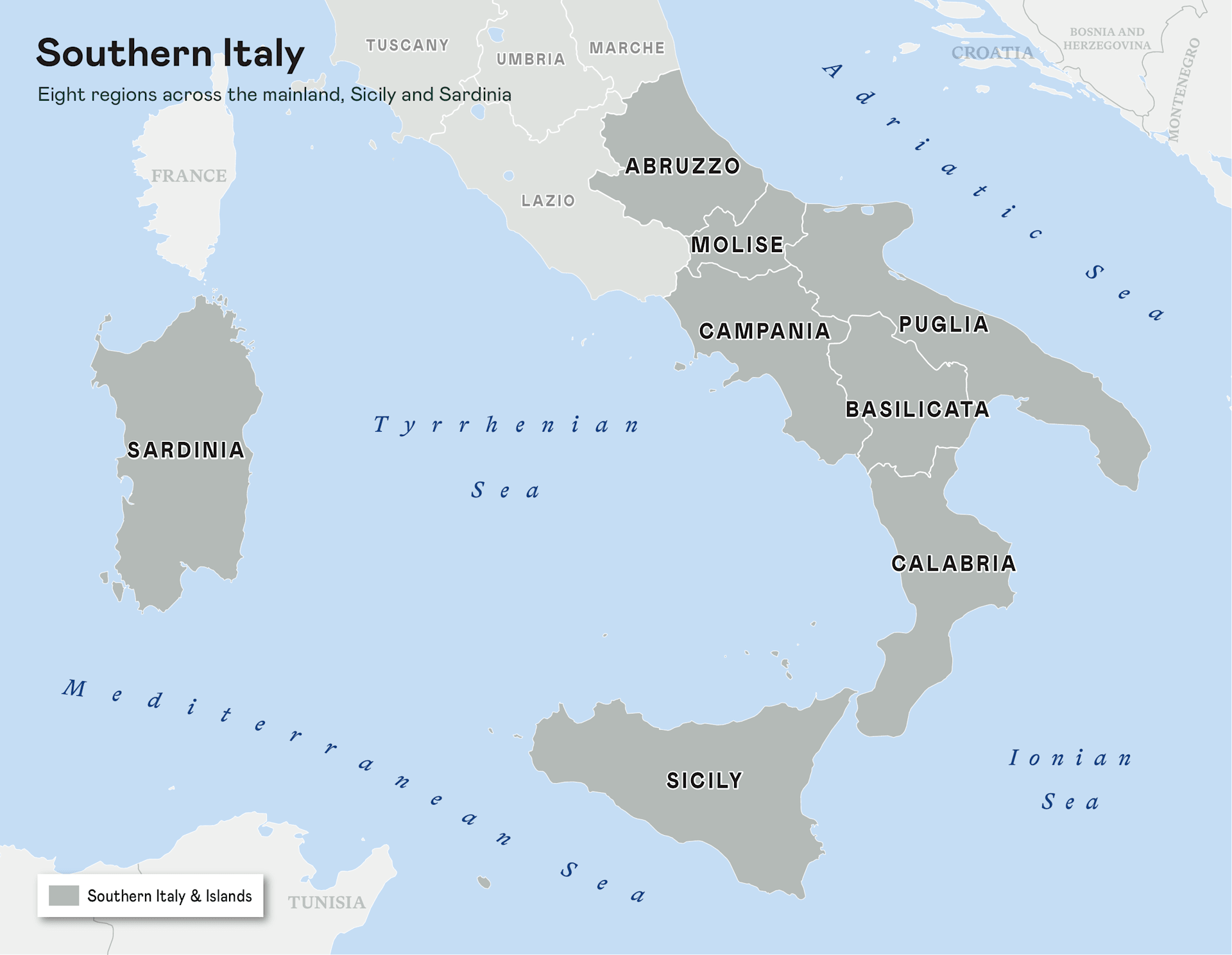 A map highlighting the southern regions of Italy, including Sicily and Sardinia, set against a light blue background of the surrounding seas.