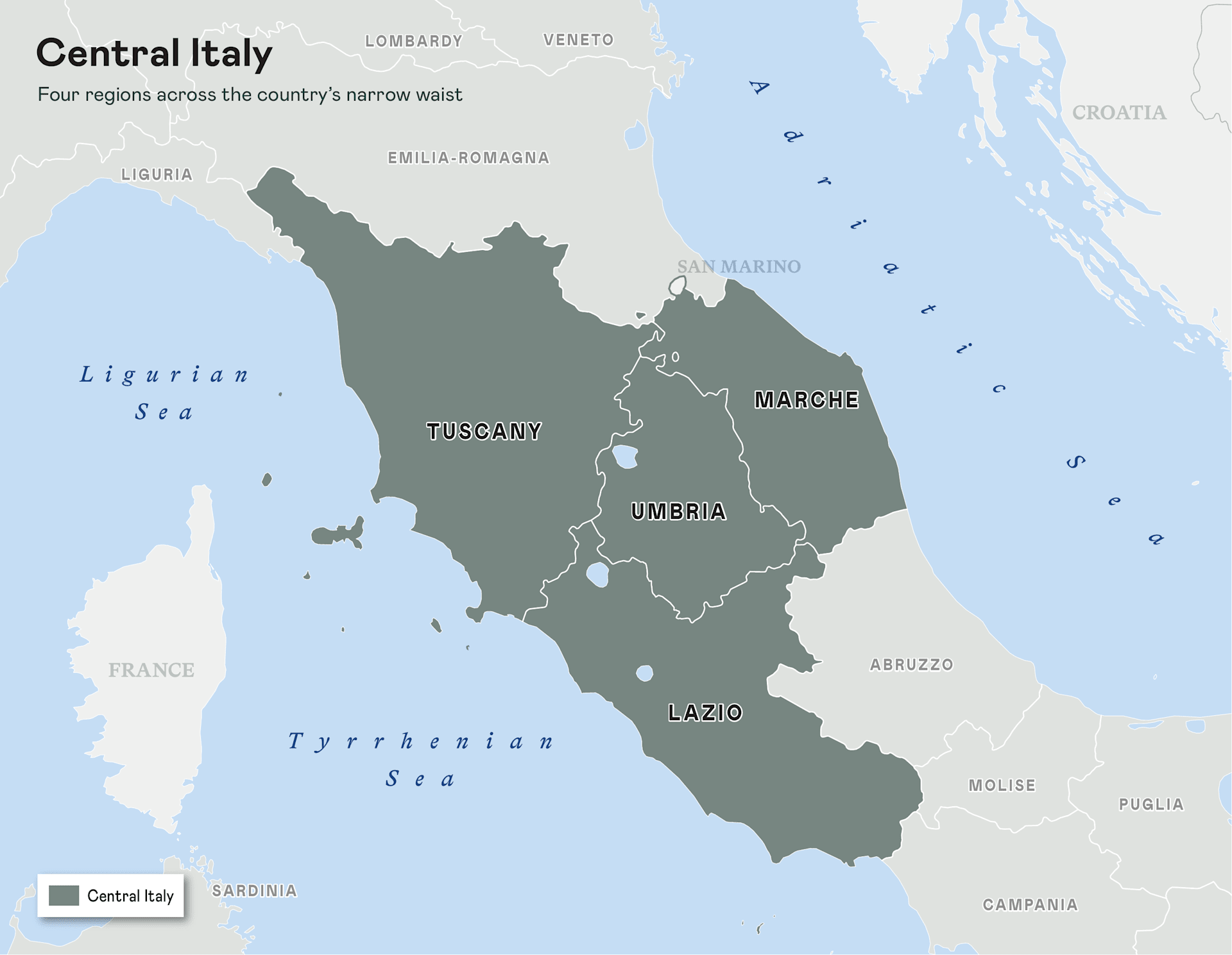 A map highlighting the regions of Tuscany, Umbria, Marche, and Lazio in dark grey against a light grey background of the surrounding Italian territories and blue seas.