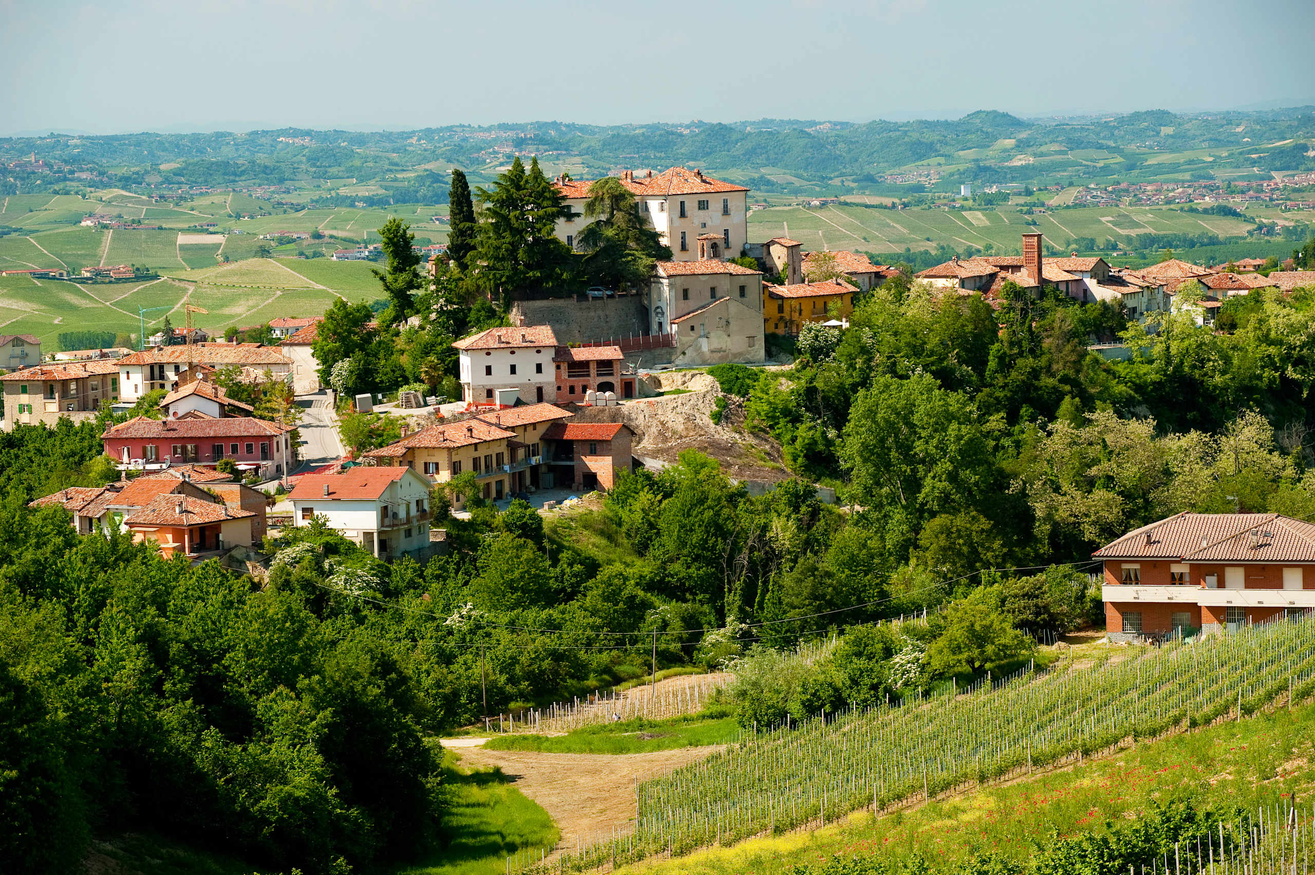 A picturesque hillside village nestled among lush greenery, with rows of vineyards and rolling hills in the background, creating a serene and idyllic landscape.
