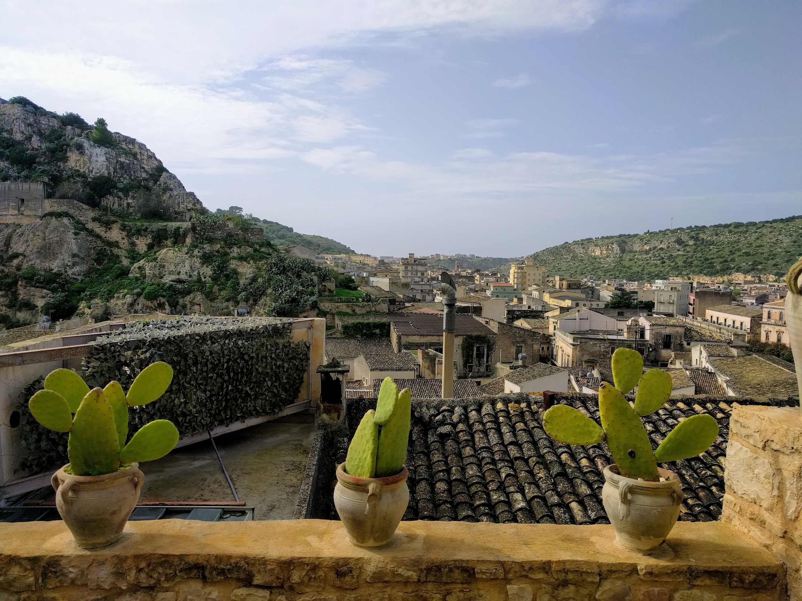 A picturesque view of a historic town nestled between rugged mountains, with potted cacti adorning the foreground.