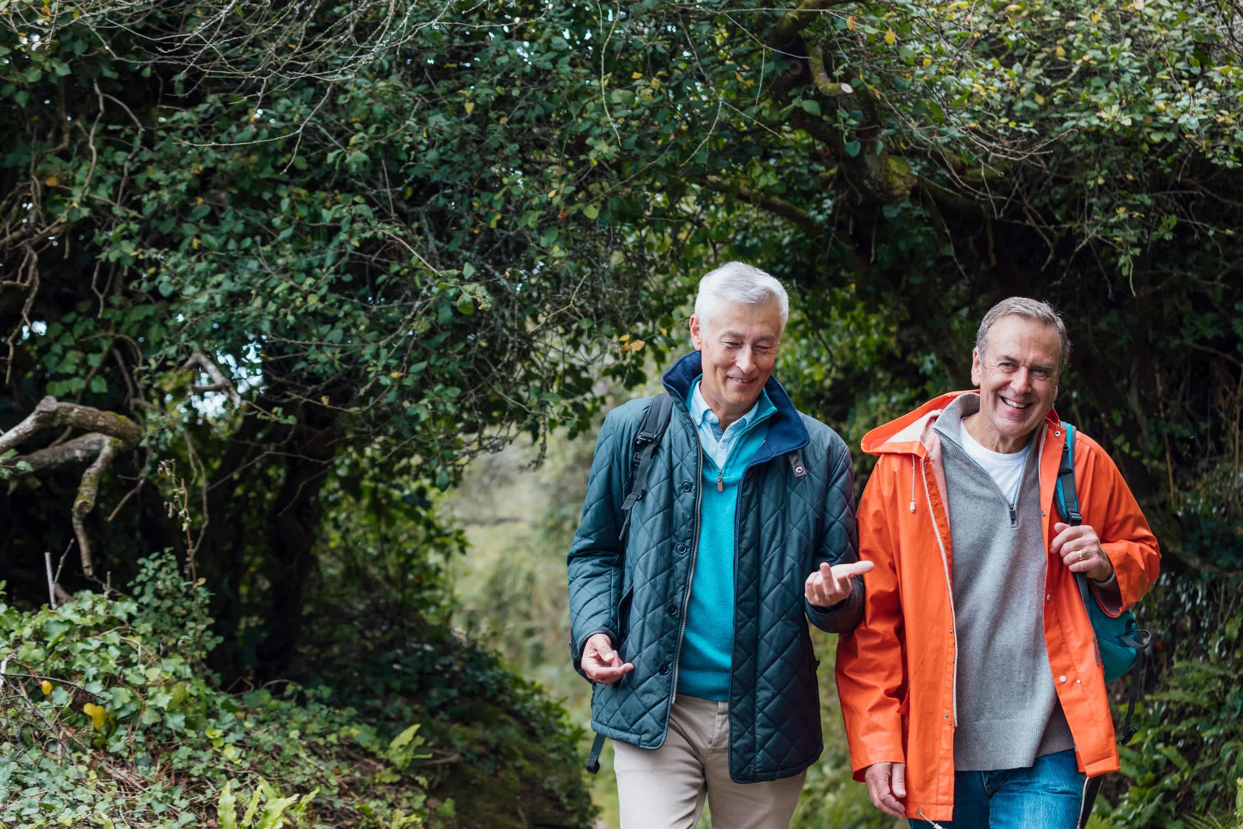 Two elderly individuals, a man and a woman, are walking together in a lush, forested environment. The man is wearing an orange jacket, while the woman is wearing a blue jacket. The background is filled with dense greenery and trees.