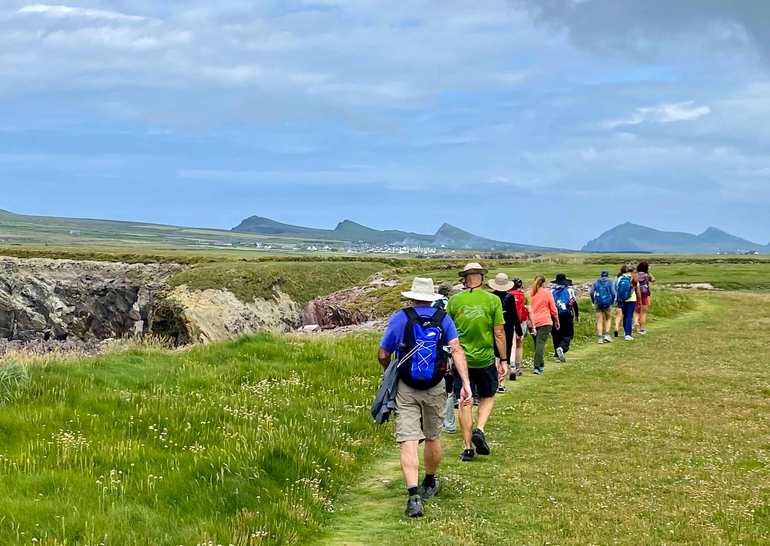 A group of hikers walking along a grassy path in a scenic landscape with mountains in the background.