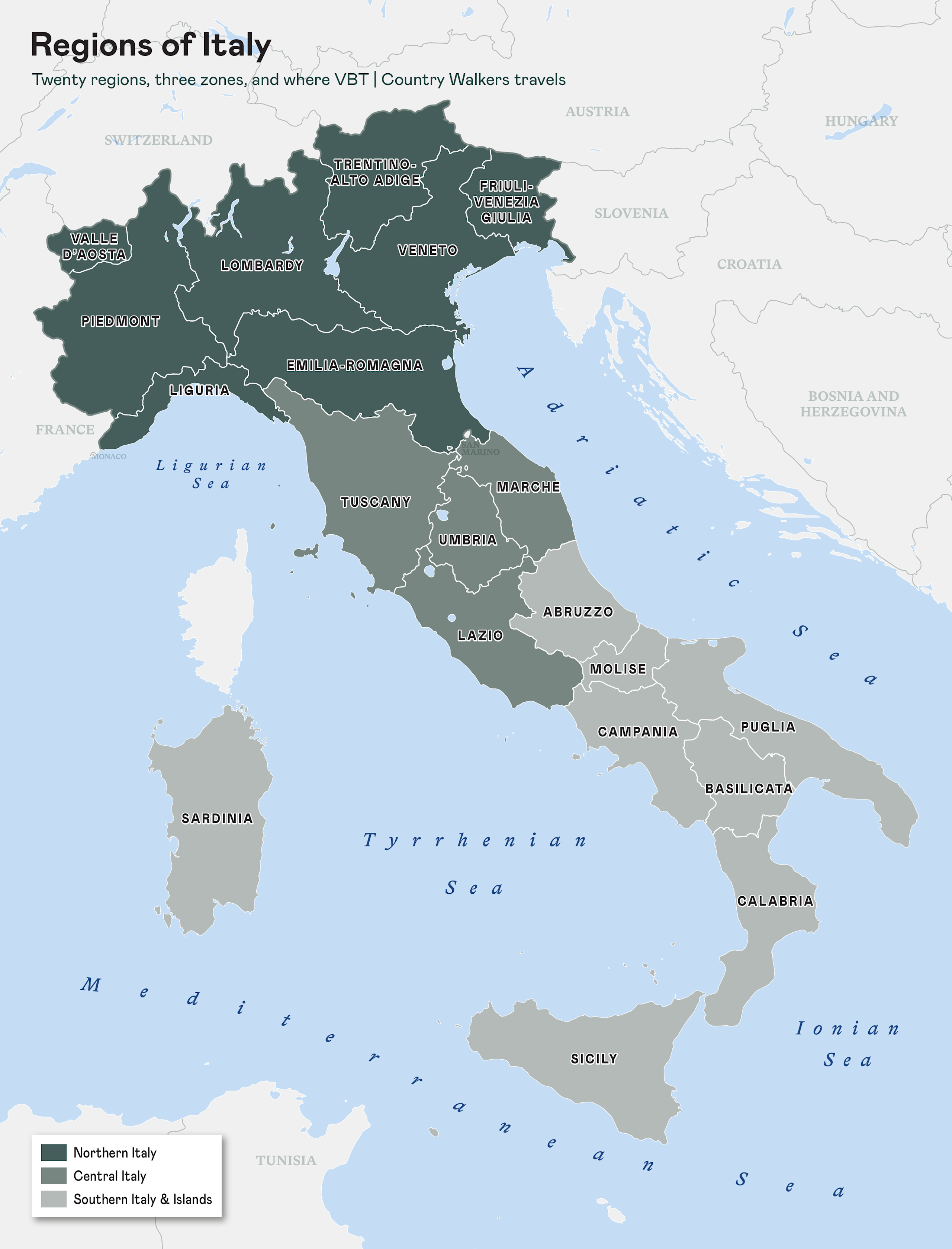 A map of Italy's regions color-coded by zone is set against a light gray background of surrounding European countries and blue seas.