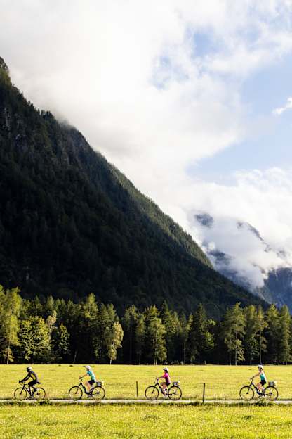 A group of cyclists riding through a scenic mountain landscape, with lush green fields in the foreground and towering, forested mountains in the background.