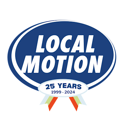 The image displays the logo for "Local Motion", a company celebrating its 25th anniversary from 1999 to 2024. The logo features a blue oval shape with the text "LOCAL MOTION" prominently displayed, along with the anniversary years "1999-2024" and a ribbon-like design element in red, yellow, and blue colors.