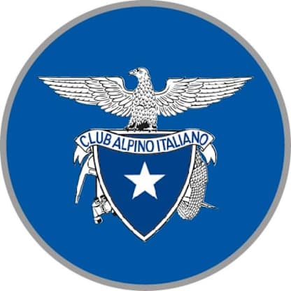 The image depicts the logo of the Club Alpino Italiano, an Italian alpine club. The logo features a white eagle with outstretched wings against a blue background, with the club's name written below.
