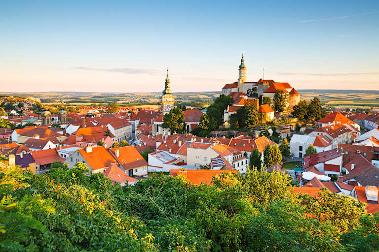 Mikulov, Czech Republic - June 22, 2016: Historic old town of Mikulov in Moravia, Czech Republic. This view shows the castle of Mikulov.