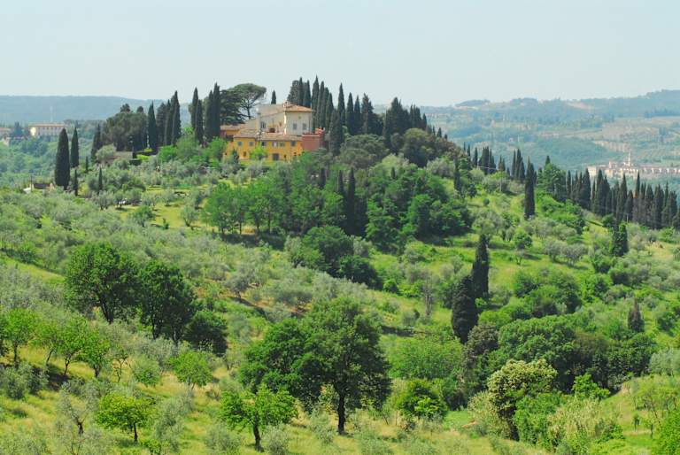 A lush, verdant landscape with a picturesque villa nestled among a cluster of cypress trees, overlooking a rolling, hilly terrain in the distance.