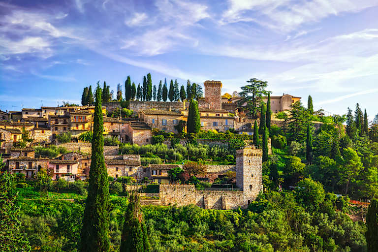A picturesque medieval town nestled among lush greenery, with towering cypress trees and ancient stone buildings overlooking a scenic landscape.