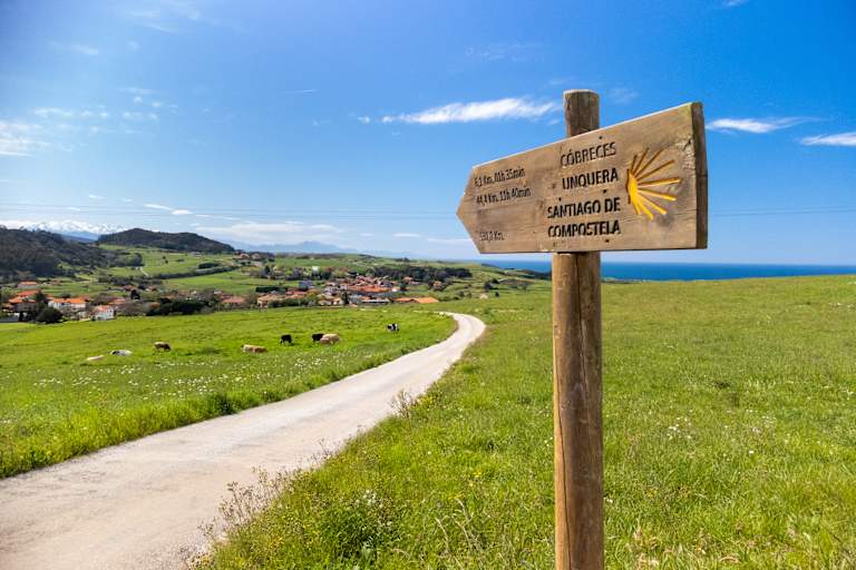 A wooden signpost stands in a grassy field, pointing the way to various destinations, with a picturesque village nestled in the rolling hills in the background under a bright blue sky.