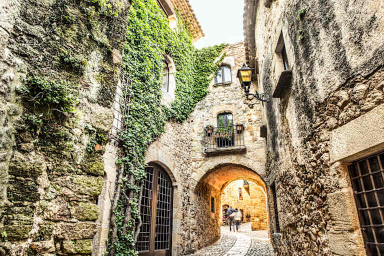 A narrow, winding alleyway lined with stone walls and covered in lush greenery, leading to a sunlit archway in the distance.