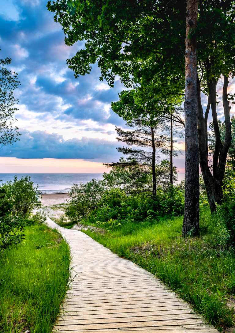 A wooden walkway leads through a lush, green landscape towards a serene lake, framed by a cloudy sky and surrounded by tall trees.