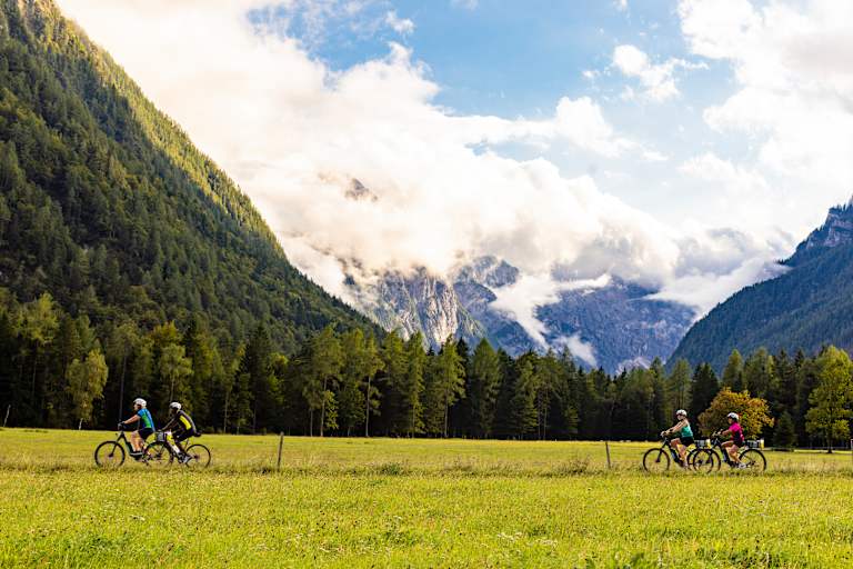 A group of cyclists riding through a lush, green meadow surrounded by towering, snow-capped mountains and dense forests in the background.