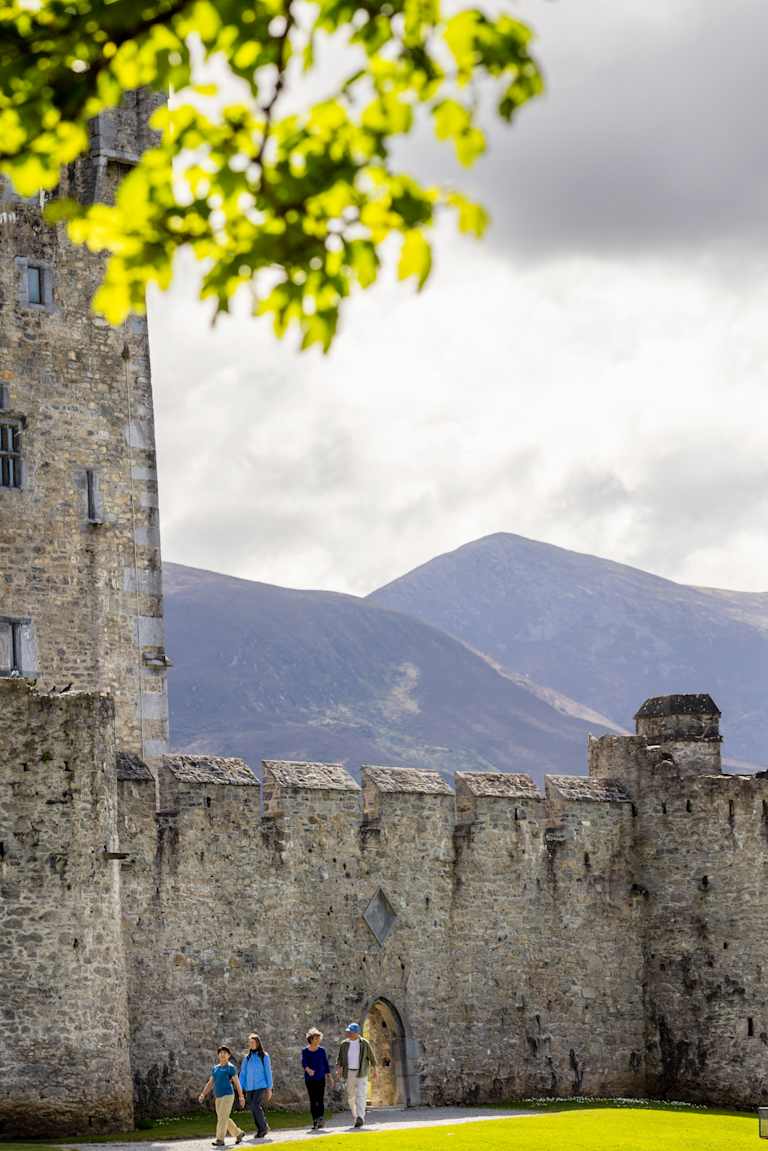 A medieval castle with stone walls and towers stands in the foreground, surrounded by lush green foliage and mountains in the background.
