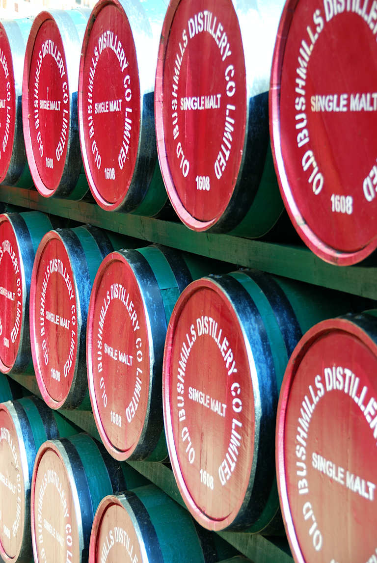 Rows of red-capped whiskey barrels, labeled "Old Bushmills Distillery Co. Limited Single Malt," are stacked on green shelves.