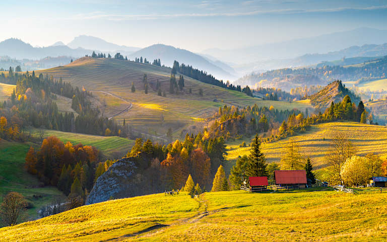 Golden fields and autumn trees in the foreground lead to rolling, mist-shrouded mountains in the background.