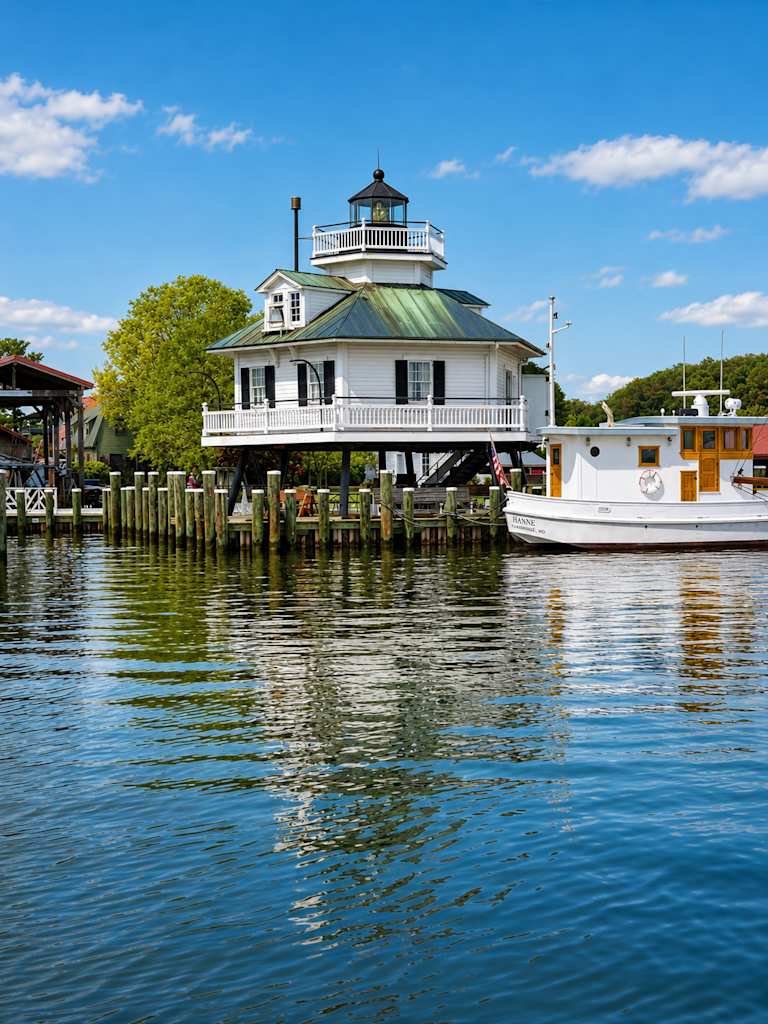 A white lighthouse on stilts stands over a wooden pier in the foreground, with a white boat docked beside it and lush green trees under a bright blue sky in the background.