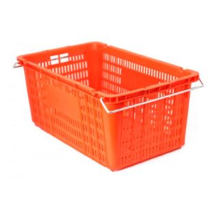 Caja de tipo agrícola de plástico con bisagras de metal, con capacidad de 90 kilogramos y apilable y anidable 