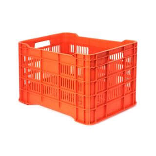 Caja de tipo agrícola calada de plástico con capacidad de 25 kilogramos y apilable 