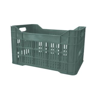 Caja de tipo agrícola grande calada de reciclado con capacidad de 25 kilogramos, apilable y con medidas de 52x34.3cm