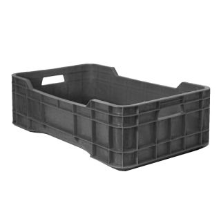 Caja de tipo agrícola con plástico reciclado, calada con capacidad de 30 kilogramos, apilable y con medidas de 73x43cm 