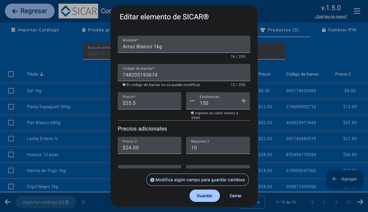 Edición de prodducto en SICAR®