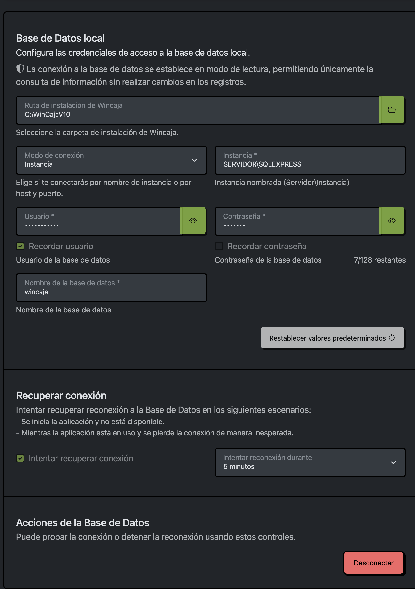 Configuración de conexión por host y puerto para Wincaja®