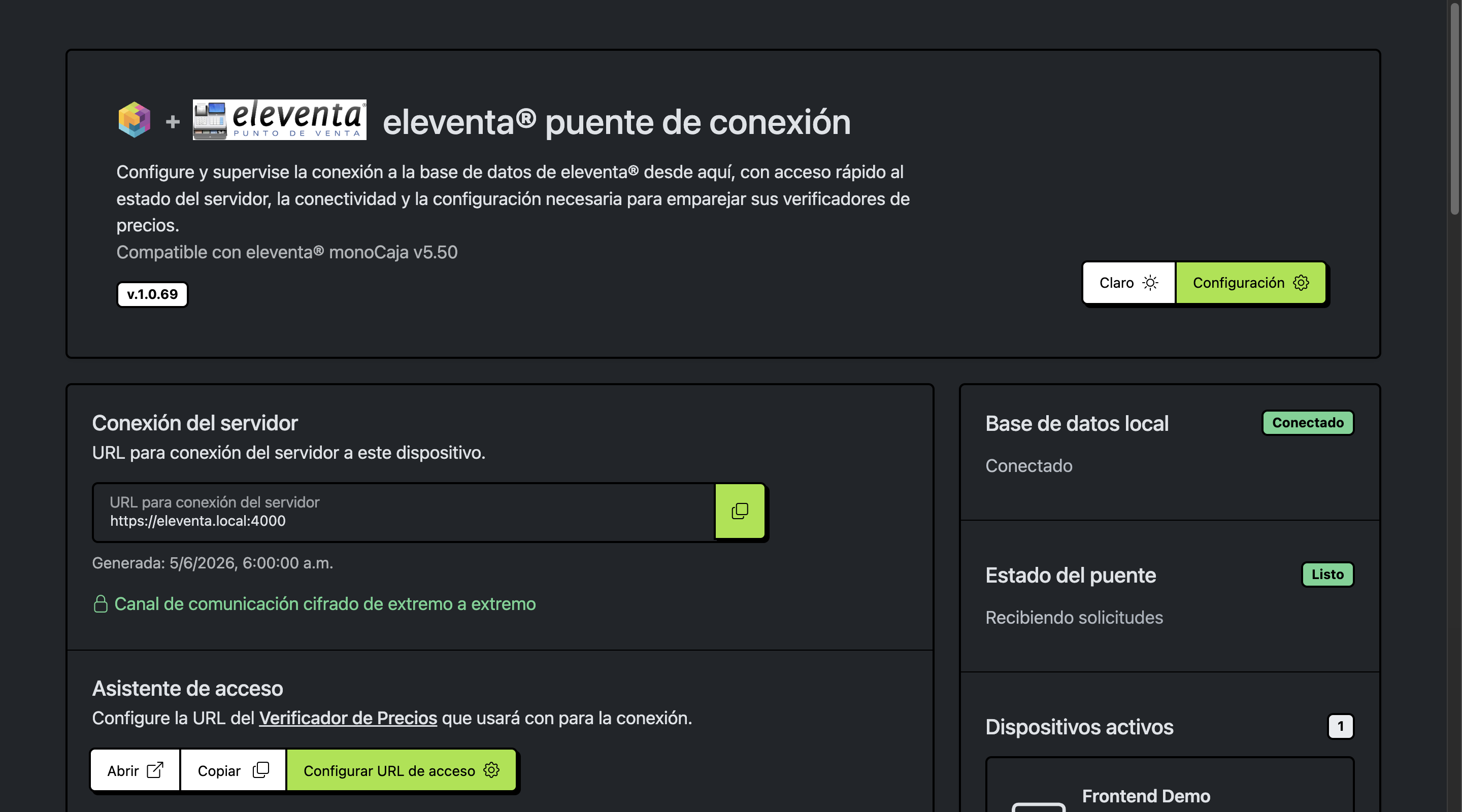 Panel principal de eleventa puente de conexión POS