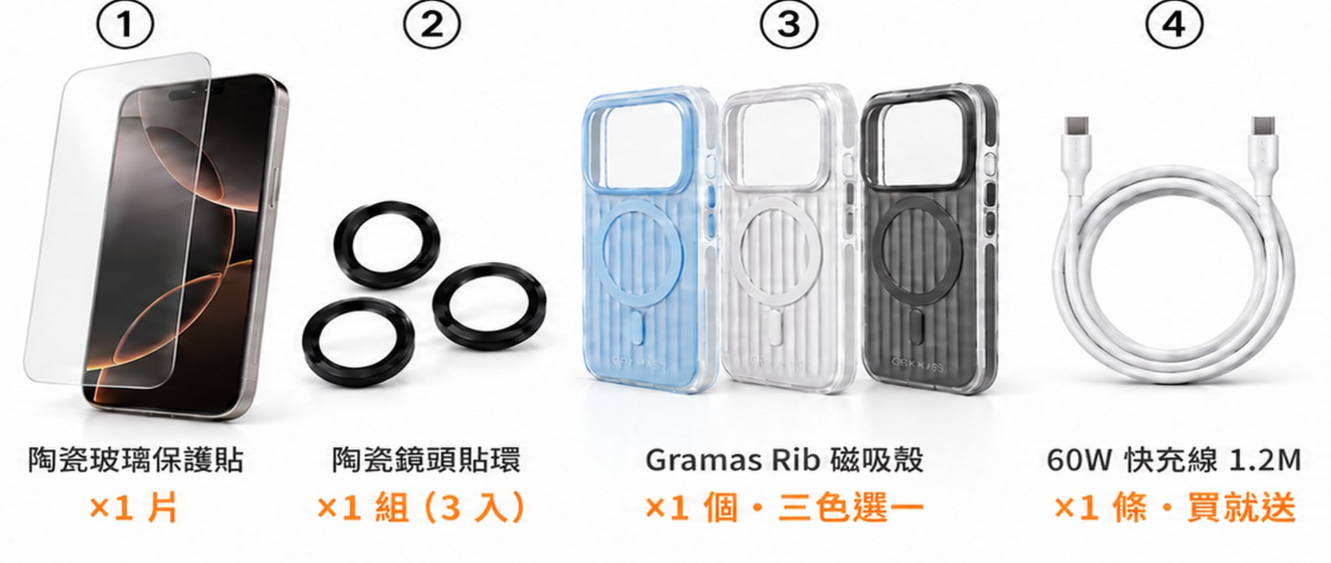 內含四件：陶瓷玻璃保護貼、陶瓷鏡頭貼環、Gramas Rib 磁吸殼、60W 快充線