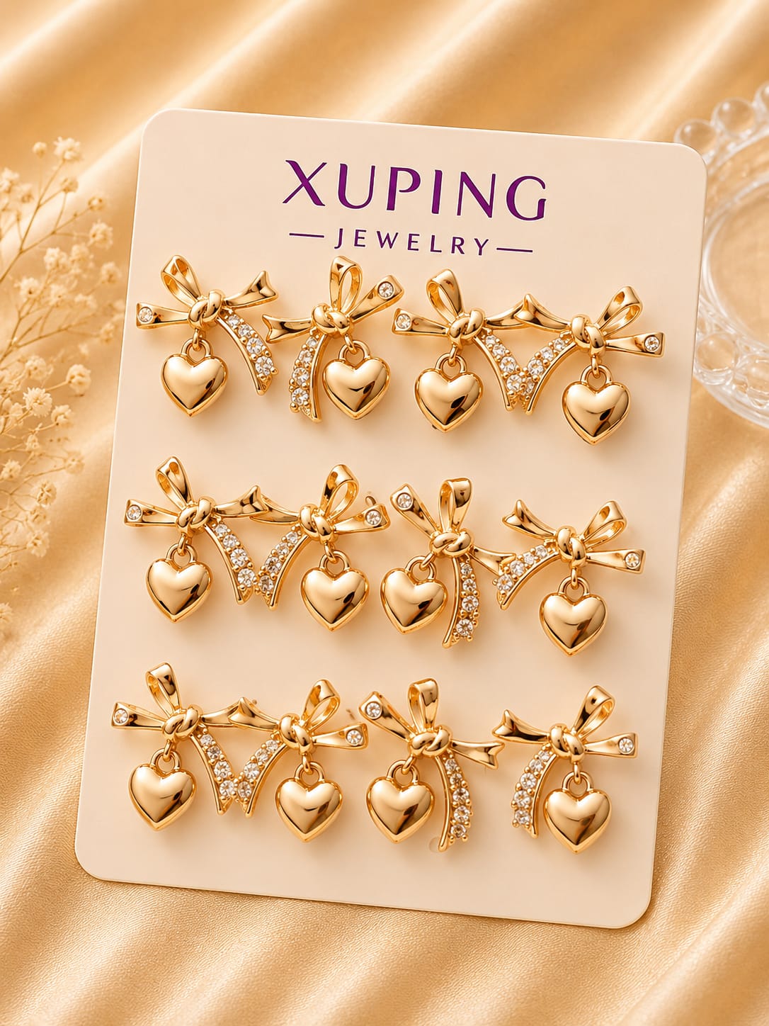 Bow Heart Charm Drop Earrings