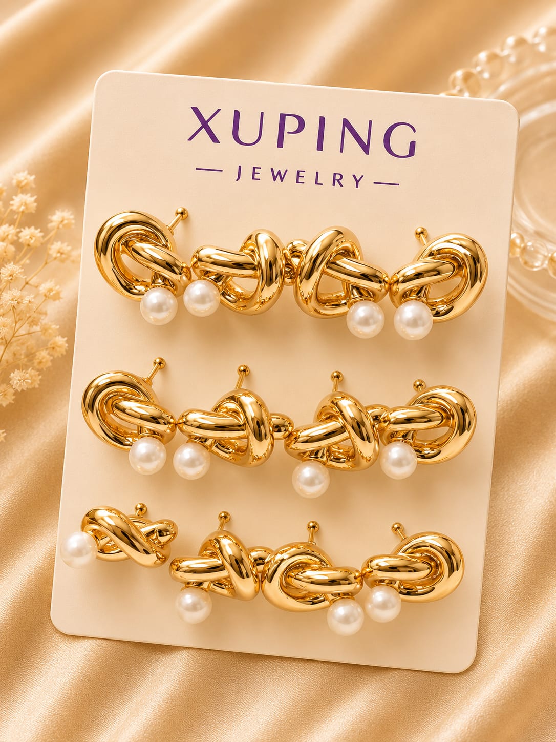 Knot Pearl Drop Stud Earrings