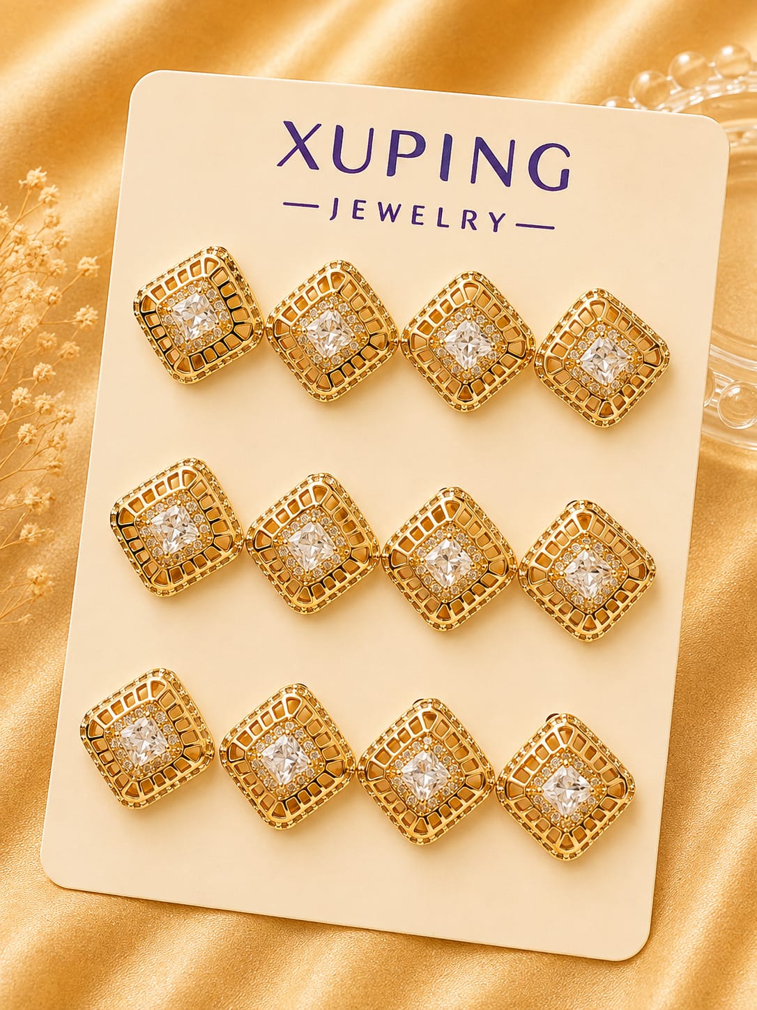 Textured Square Halo Stud Earrings