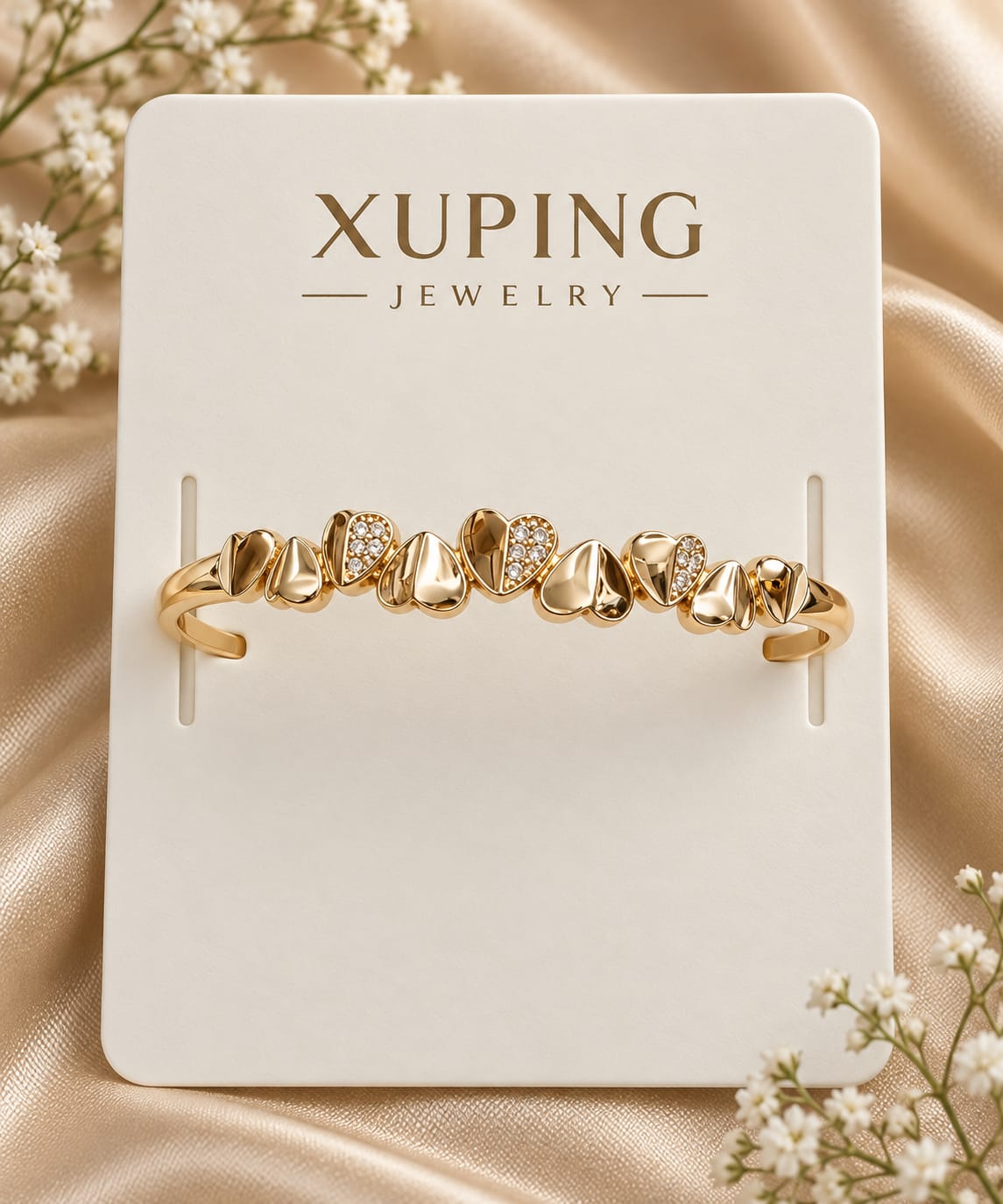 Puffed Heart Crystal Cuff Kada