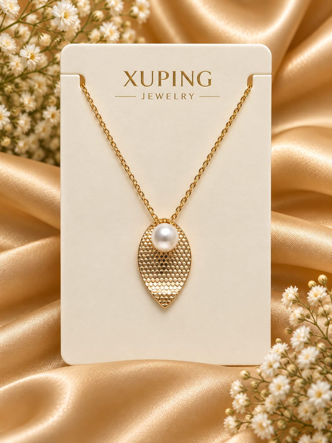 Pearl Accent Textured Leaf Pendant Chain