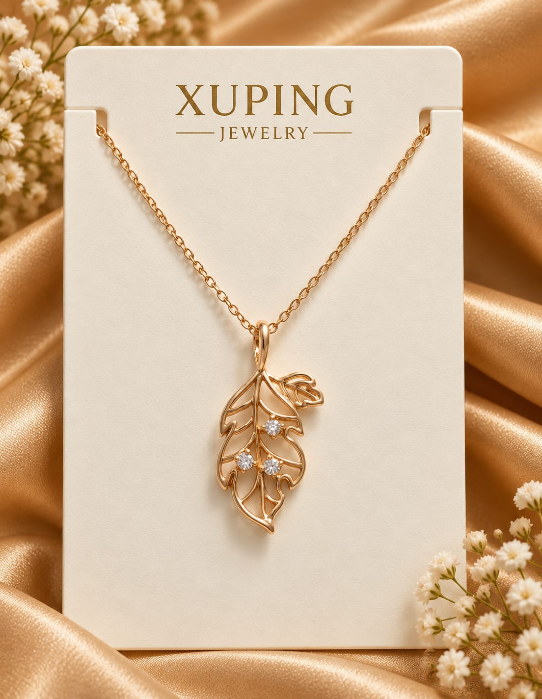 Open Leaf Crystal Accent Pendant Necklace