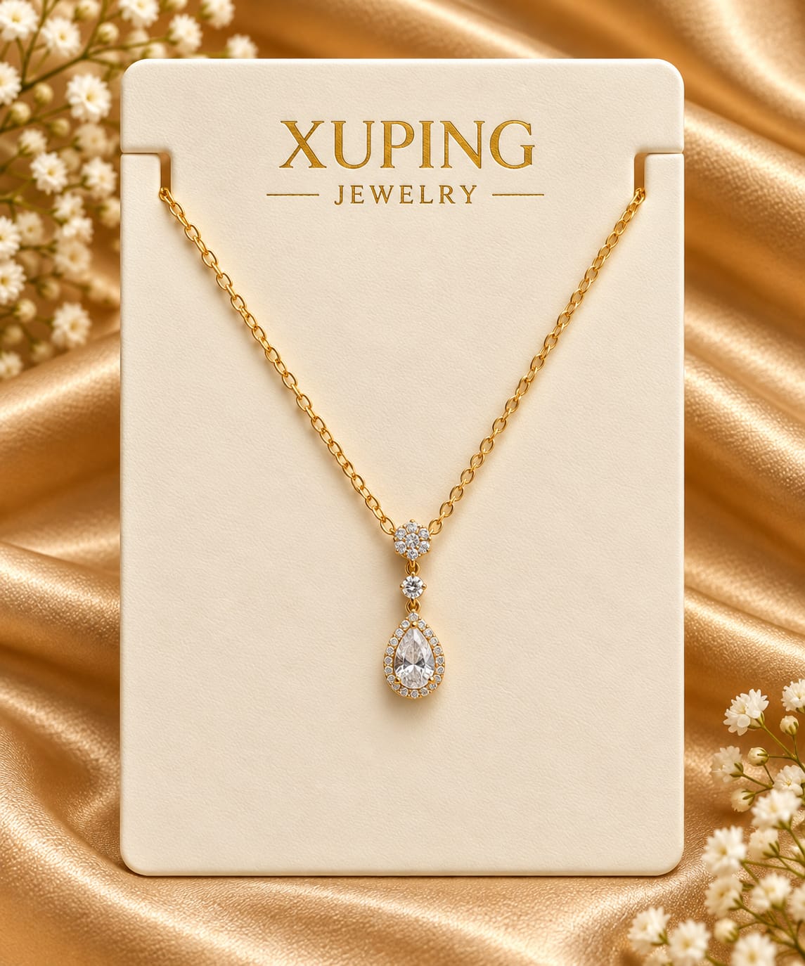 Pear Halo Drop Pendant Necklace