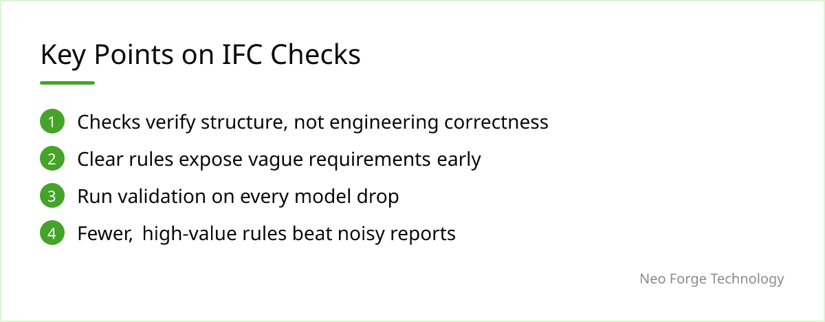 Four takeaway statements summarising strengths and limits of automated IFC validation.