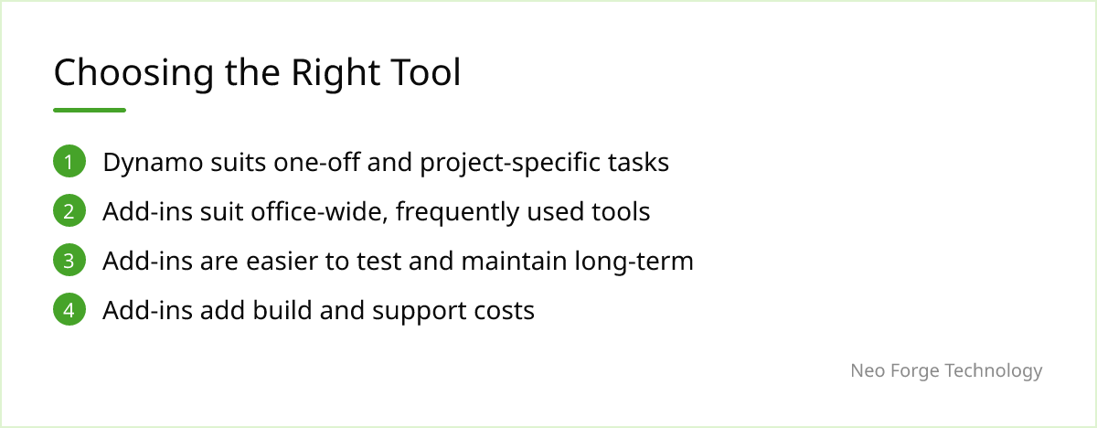 Key takeaways comparing when to use Dynamo scripts versus compiled Revit add-ins.