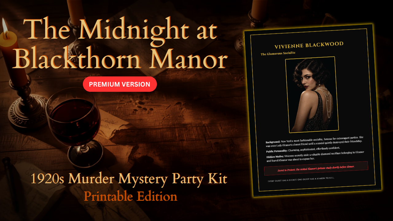 The Midnight at Blackthorn Manor - 1920s Printable Murder Mystery Party Kit