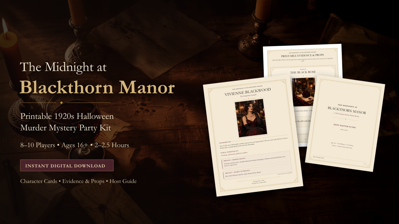 The Midnight at Blackthorn Manor - 1920s Printable Murder Mystery Party Kit