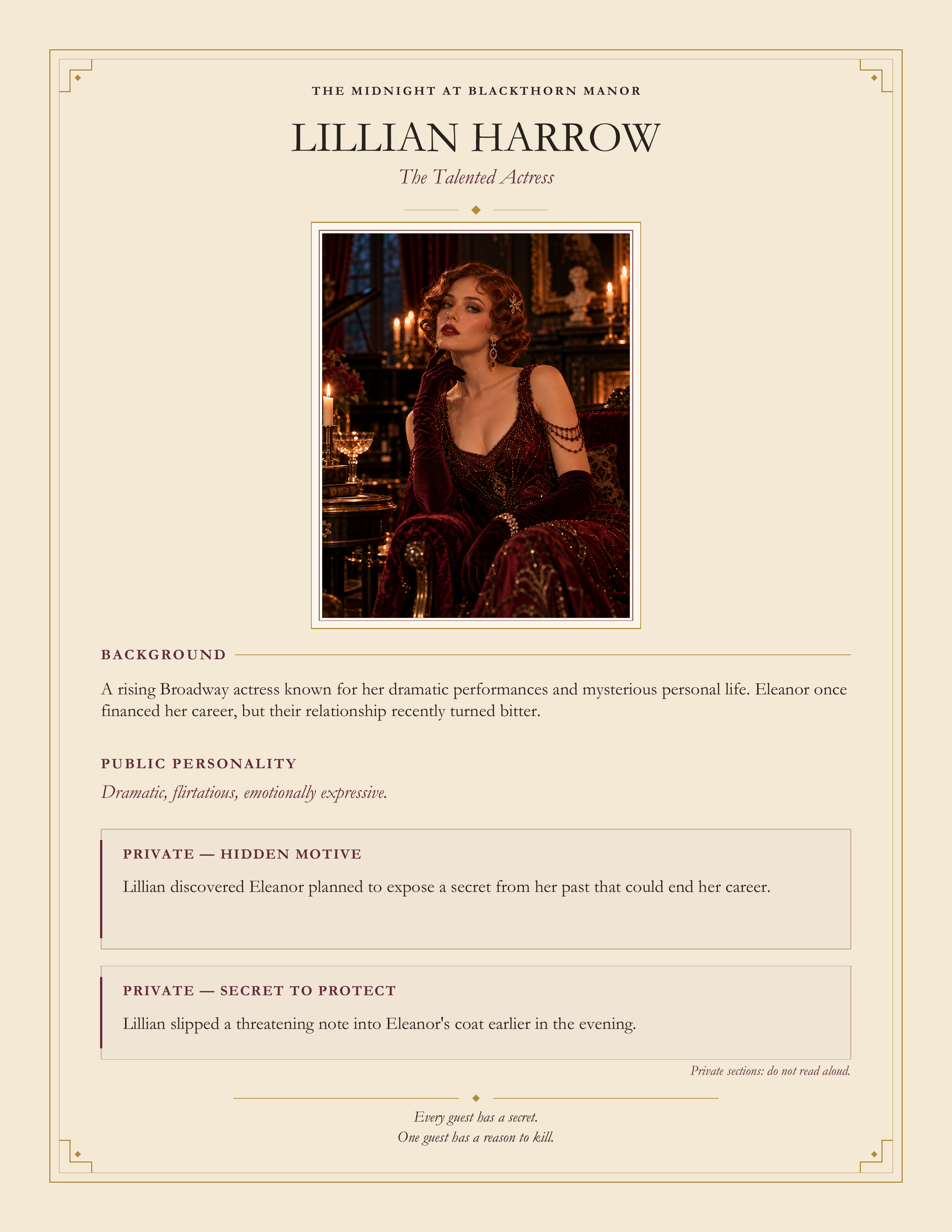 Interior preview of The Midnight at Blackthorn Manor printable murder mystery kit