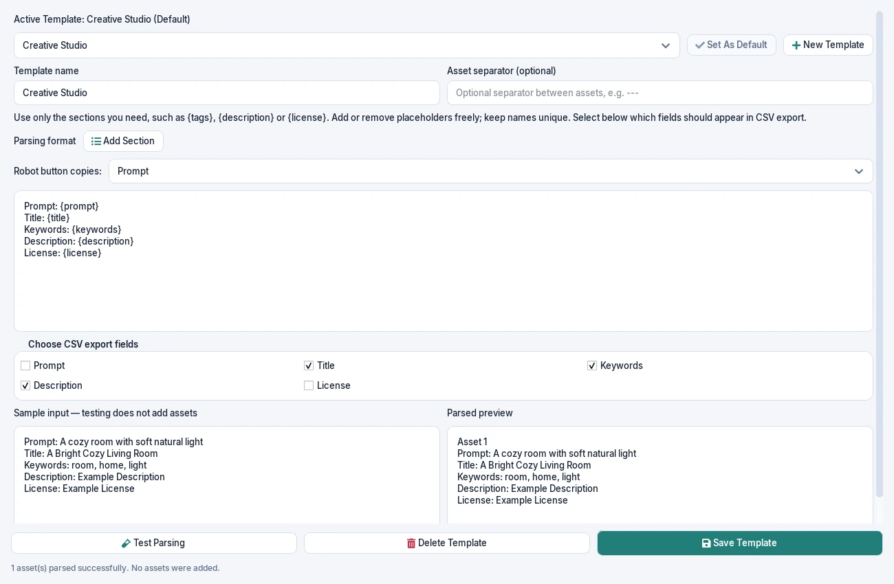 Current Parsing Templates window showing optional custom fields, Robot copy selection and CSV column checkboxes