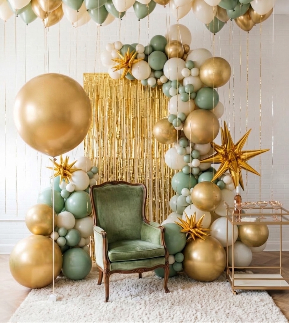 Sage, white and gold balloon decor