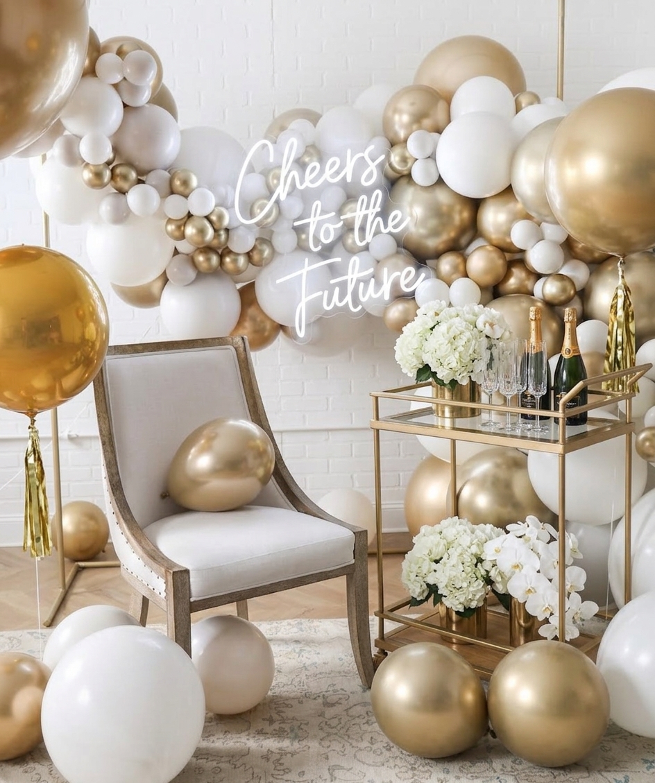 White and gold balloon decor