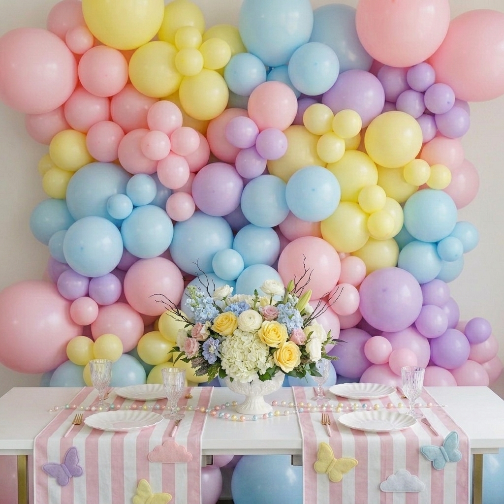 Pastel rainbow balloon decor