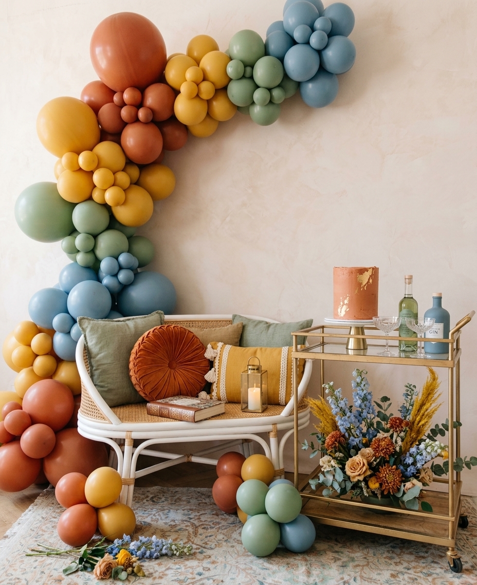 Boho rainbow balloon decor