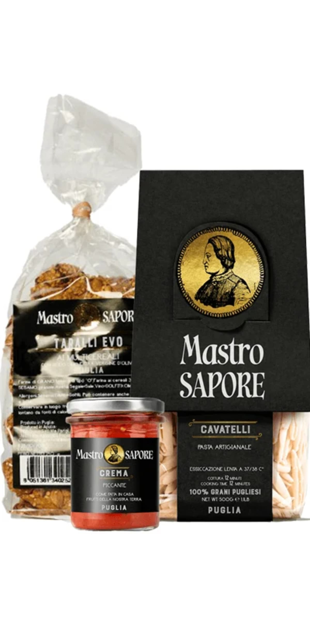 Confezioni Mastro Sapore: cavatelli, crema piccante e taralli