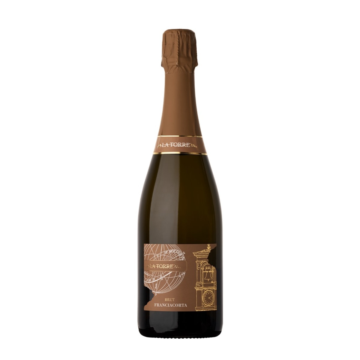 Bottiglia di Franciacorta DOCG Brut La Torre su fondo bianco